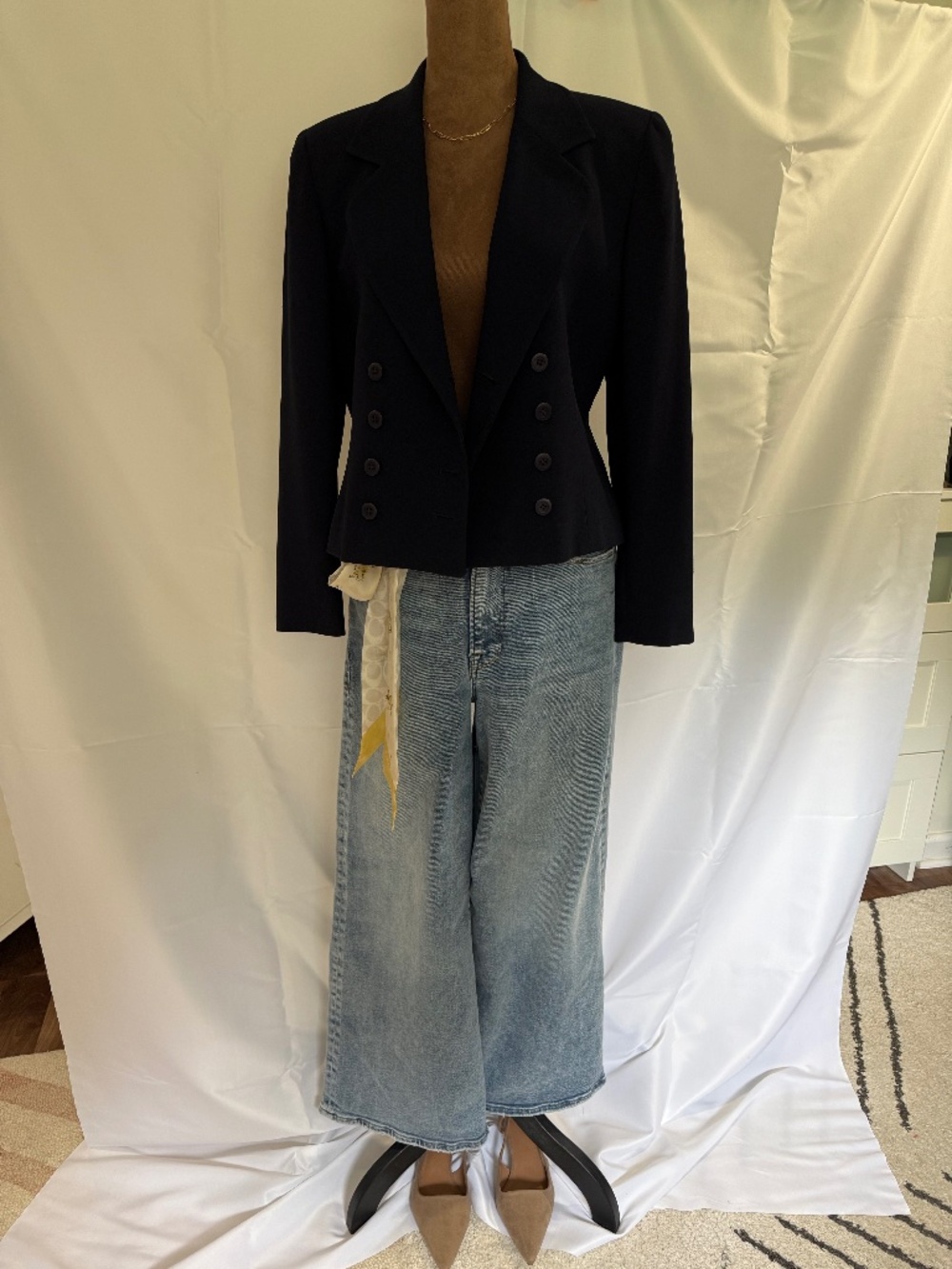 90’s Vintage Christian Dior Navy Double Breasted Cropped Blazer Jacket 4 Petite